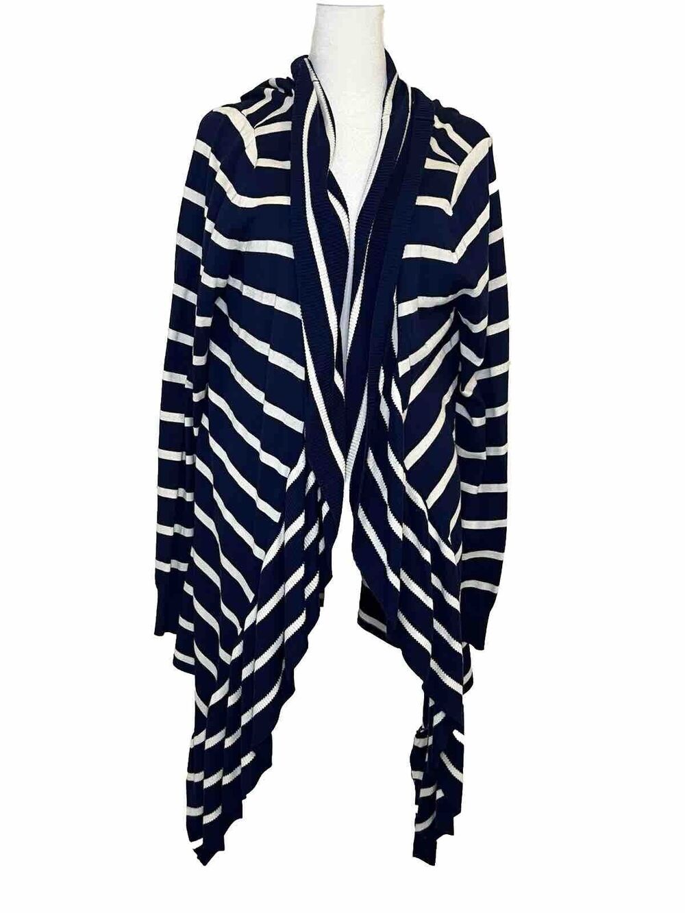 Soft Surroundings Navy Blue White Waterfall Open Front Cardigan Wrap Tie Dye L